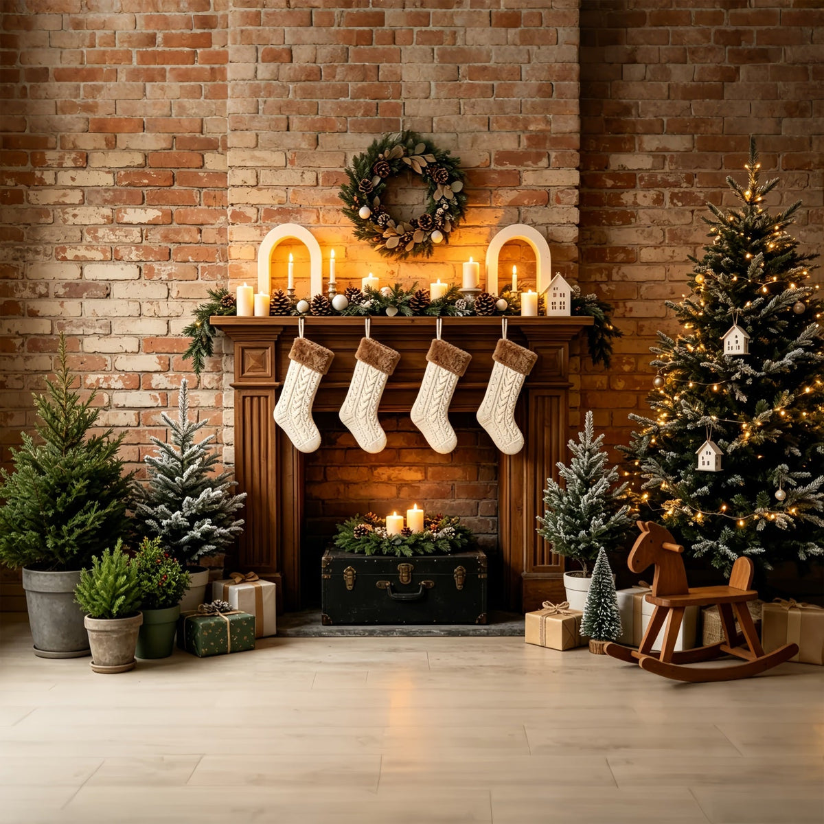 Rustikale Weihnachtskulisse Kamin Aus Ziegelsteinen, Strümpfe Als Dekoration Weihnachtskulisse Für Den Innenbereich ZTT69-32
