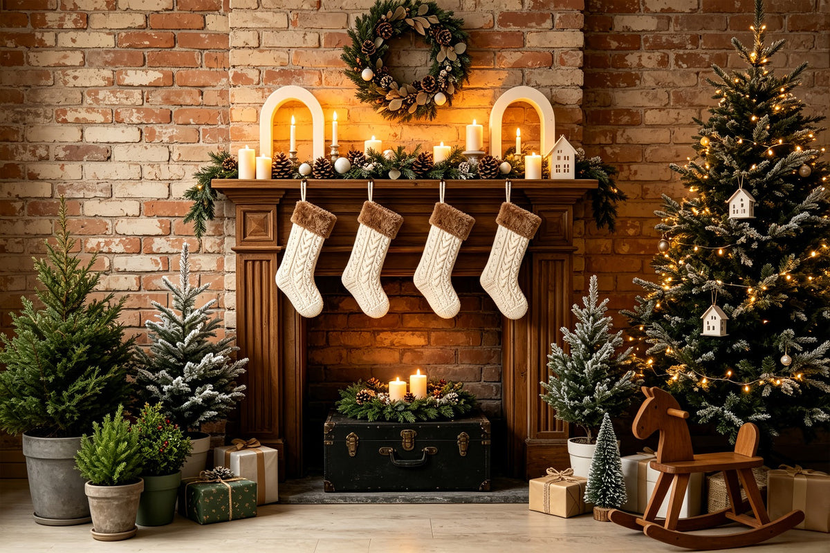 Rustikale Weihnachtskulisse Kamin Aus Ziegelsteinen, Strümpfe Als Dekoration Weihnachtskulisse Für Den Innenbereich ZTT69-32