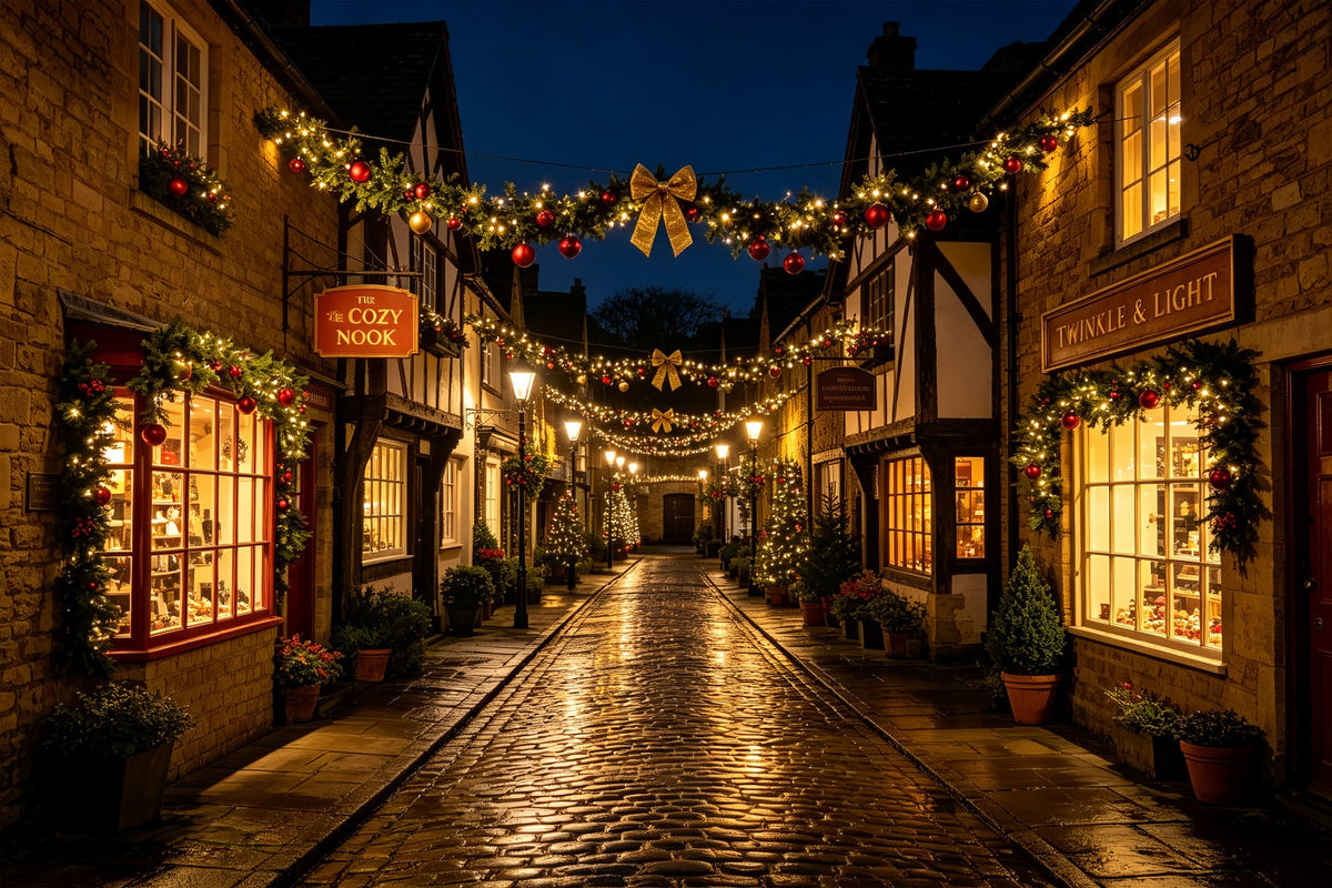 Weihnachtsstraßen-Kulisse Rustikales Dorf Garland Straße Weihnachts-Fotohintergründe ZTT69-35
