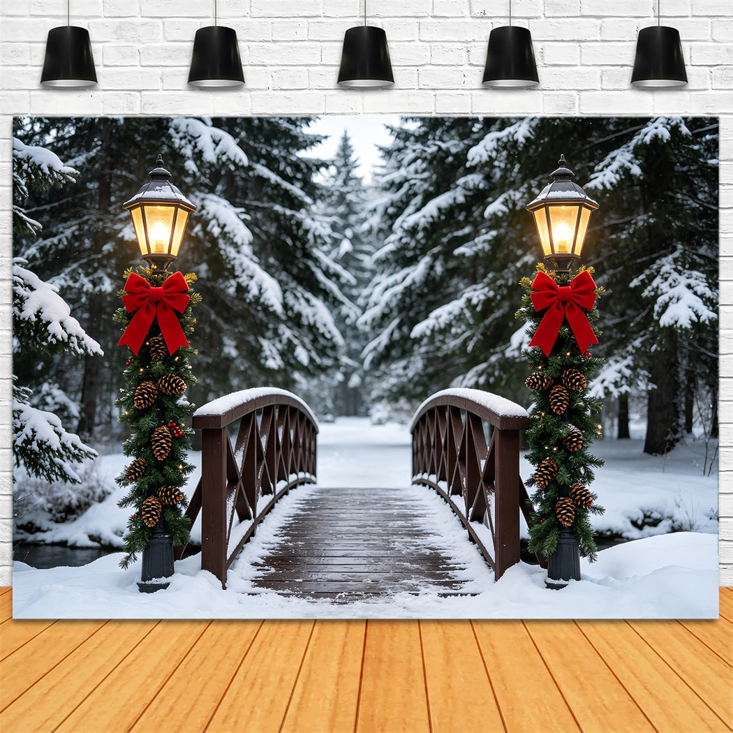 Winterliche Weihnachtskulisse Laternenweg Über Die Verschneite Brücke Weihnachts-Studiohintergründe ZTT69-36