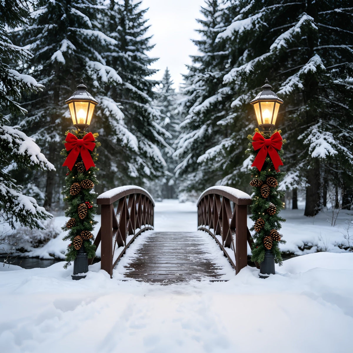Winterliche Weihnachtskulisse Laternenweg Über Die Verschneite Brücke Weihnachts-Studiohintergründe ZTT69-36