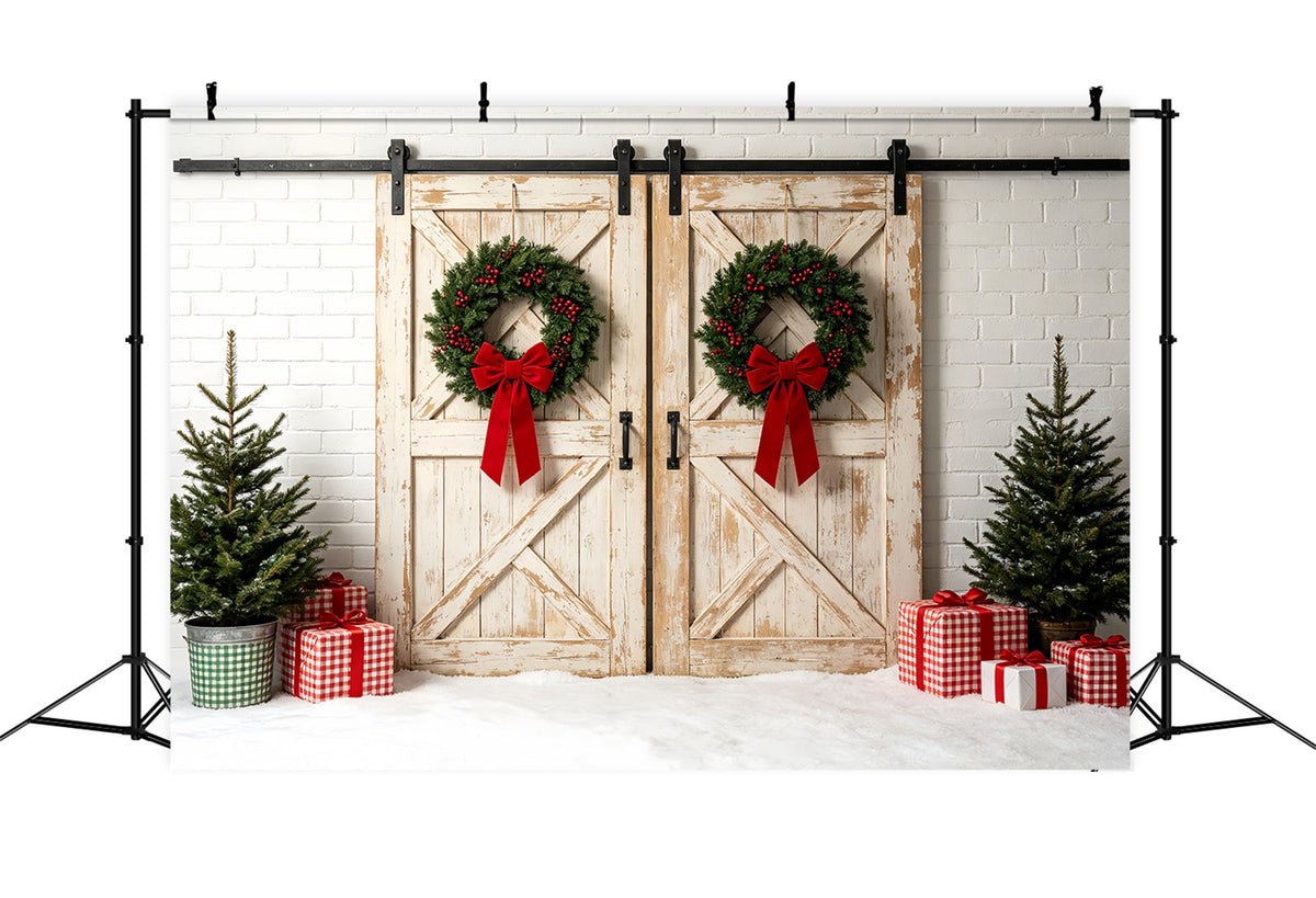 Weihnachtswand-Hintergrund Weißer Scheunentor-Kranz Studio-Weihnachtskulisse ZTT69-37