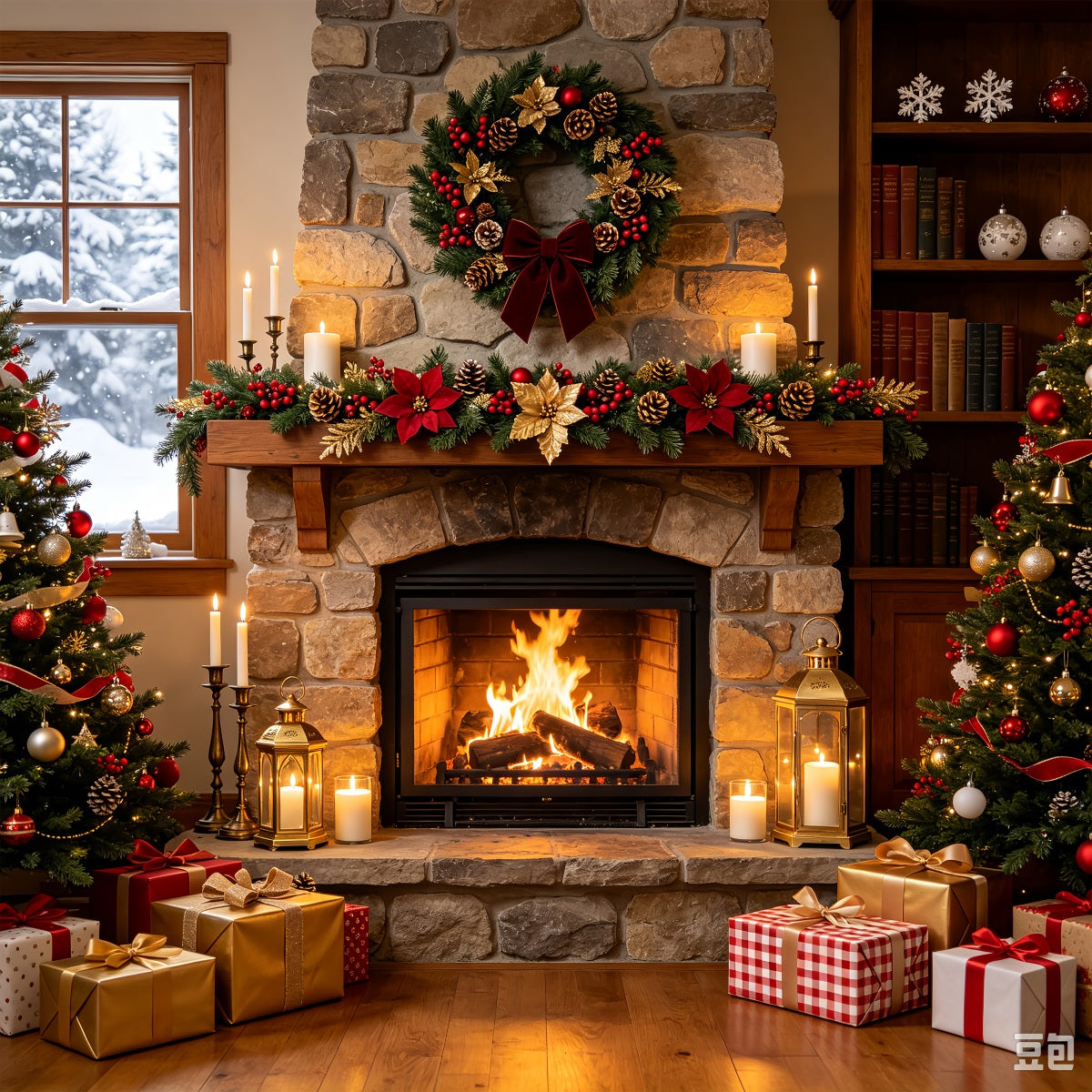 Gemütliche Weihnachtskulisse Steinkamin-Girlande Glühen Weihnachtliche Indoor-Hintergrundkulisse ZTT69-4
