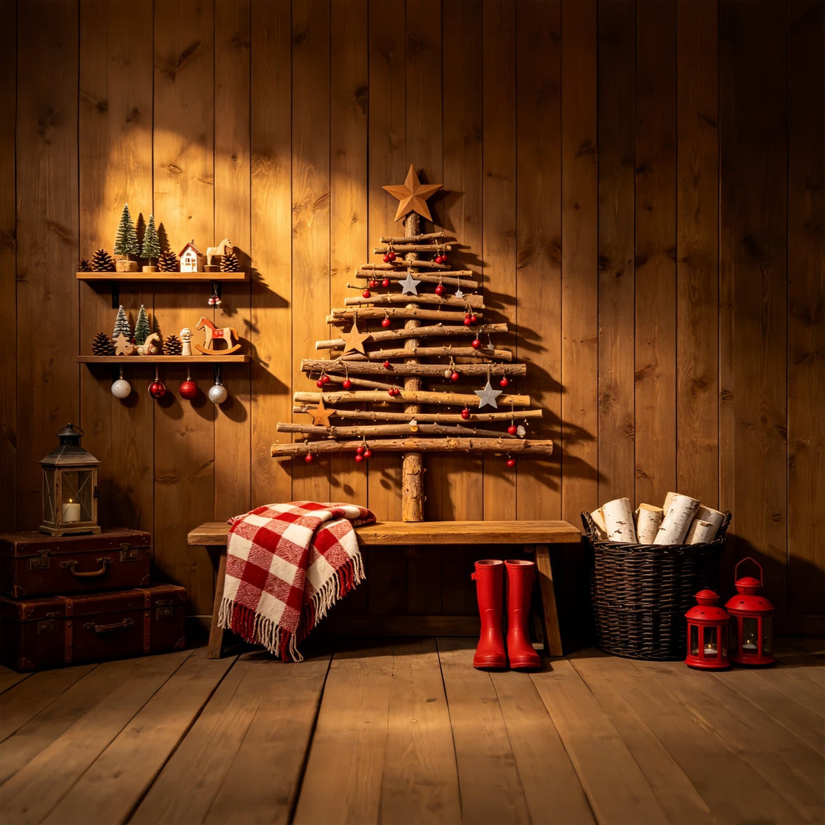 Rustikale Weihnachtskulissen Ländliche Baumdekoration Aus Holz Weihnachtshintergründe Für Den Innenbereich ZTT69-42