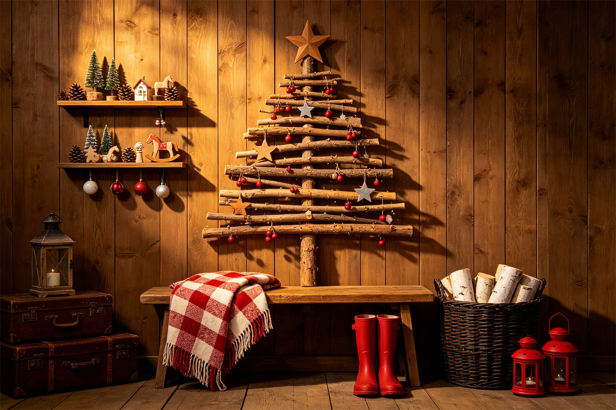 Rustikale Weihnachtskulissen Ländliche Baumdekoration Aus Holz Weihnachtshintergründe Für Den Innenbereich ZTT69-42