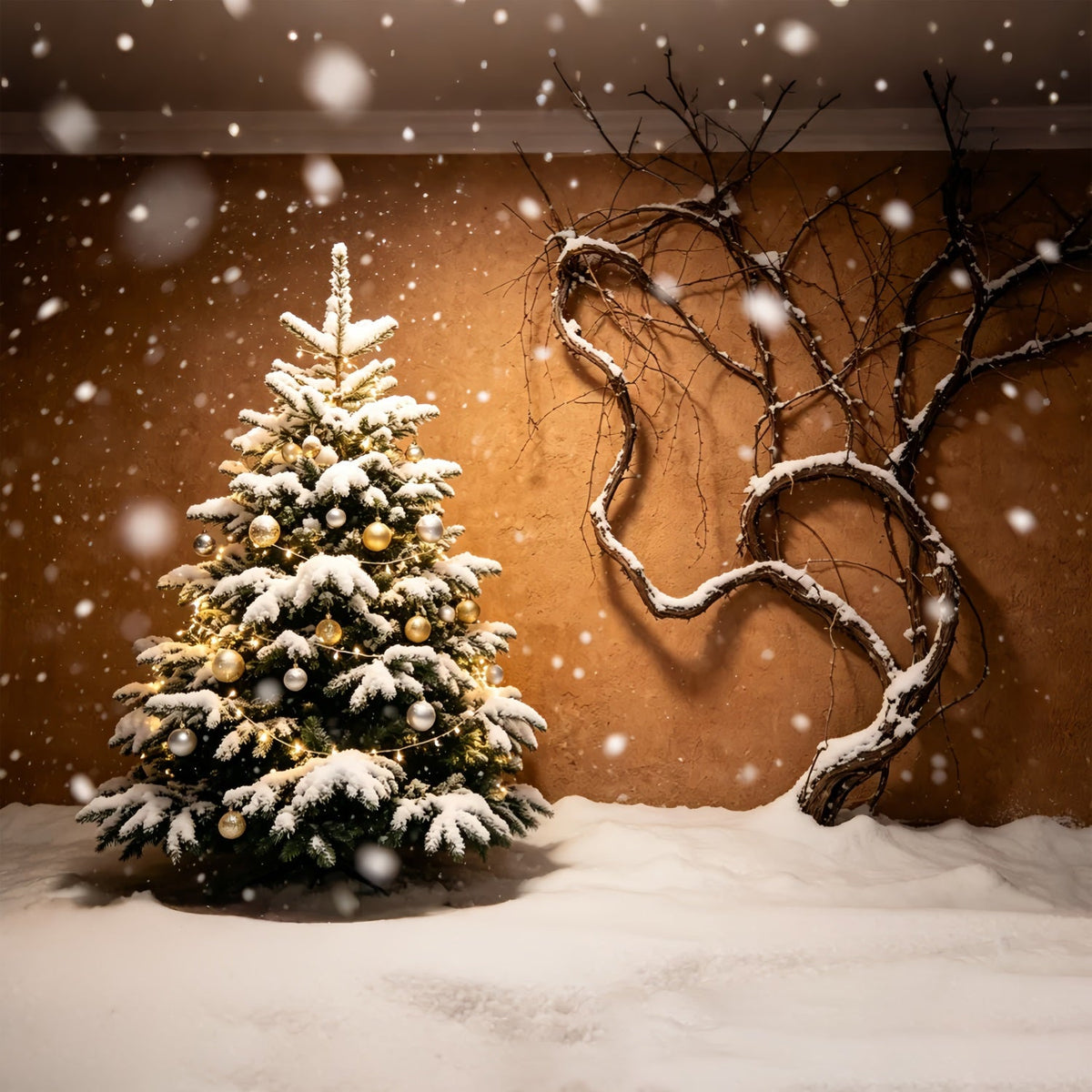 Weihnachtsbaum-Hintergrund Schneebedeckte Baumrankenwand Weihnachtswand-Hintergrund ZTT69-44