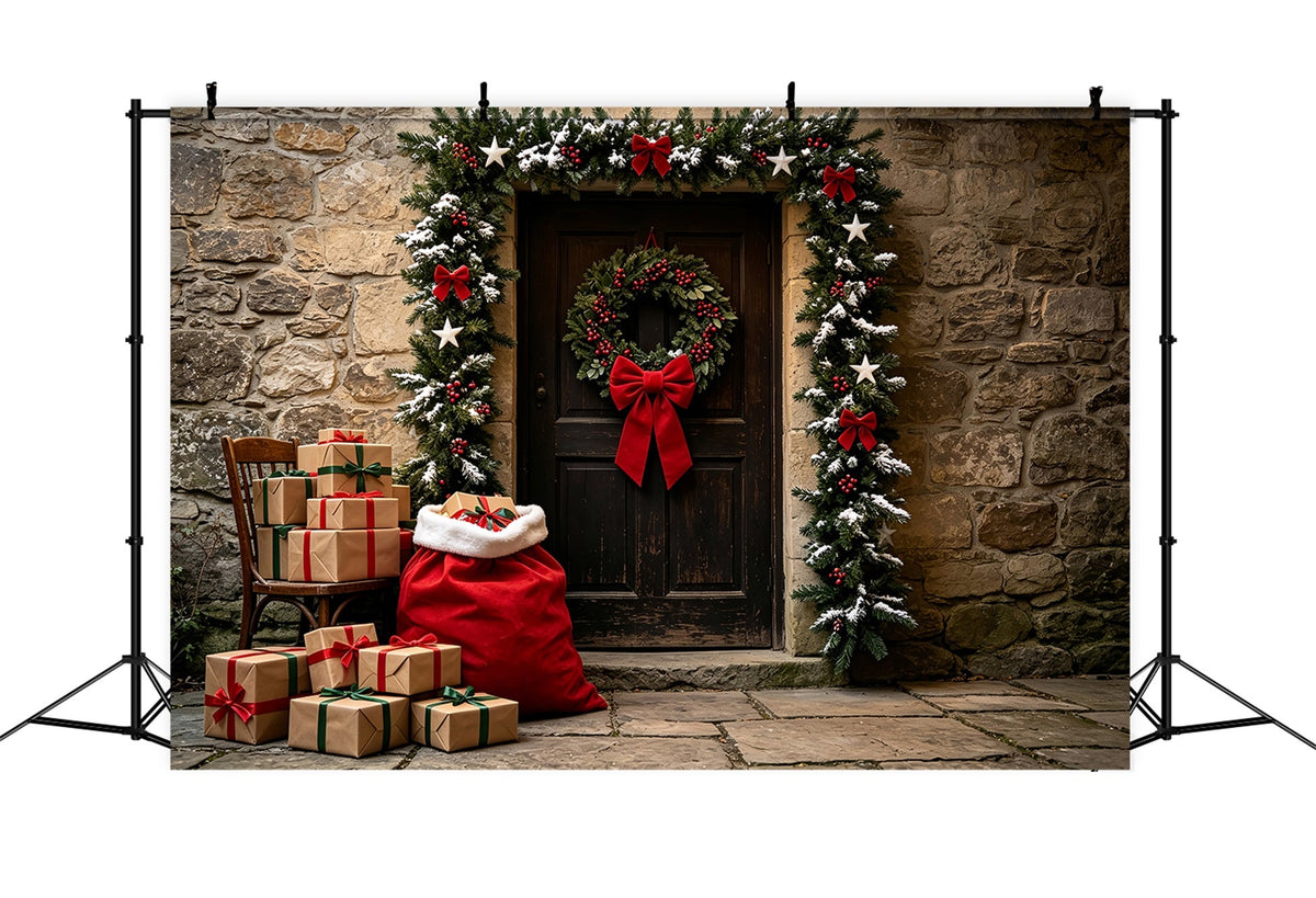 Ländliche Weihnachtskulisse Steintürgirlanden-Eingang Weihnachtshintergrund Aus Musselin ZTT69-45