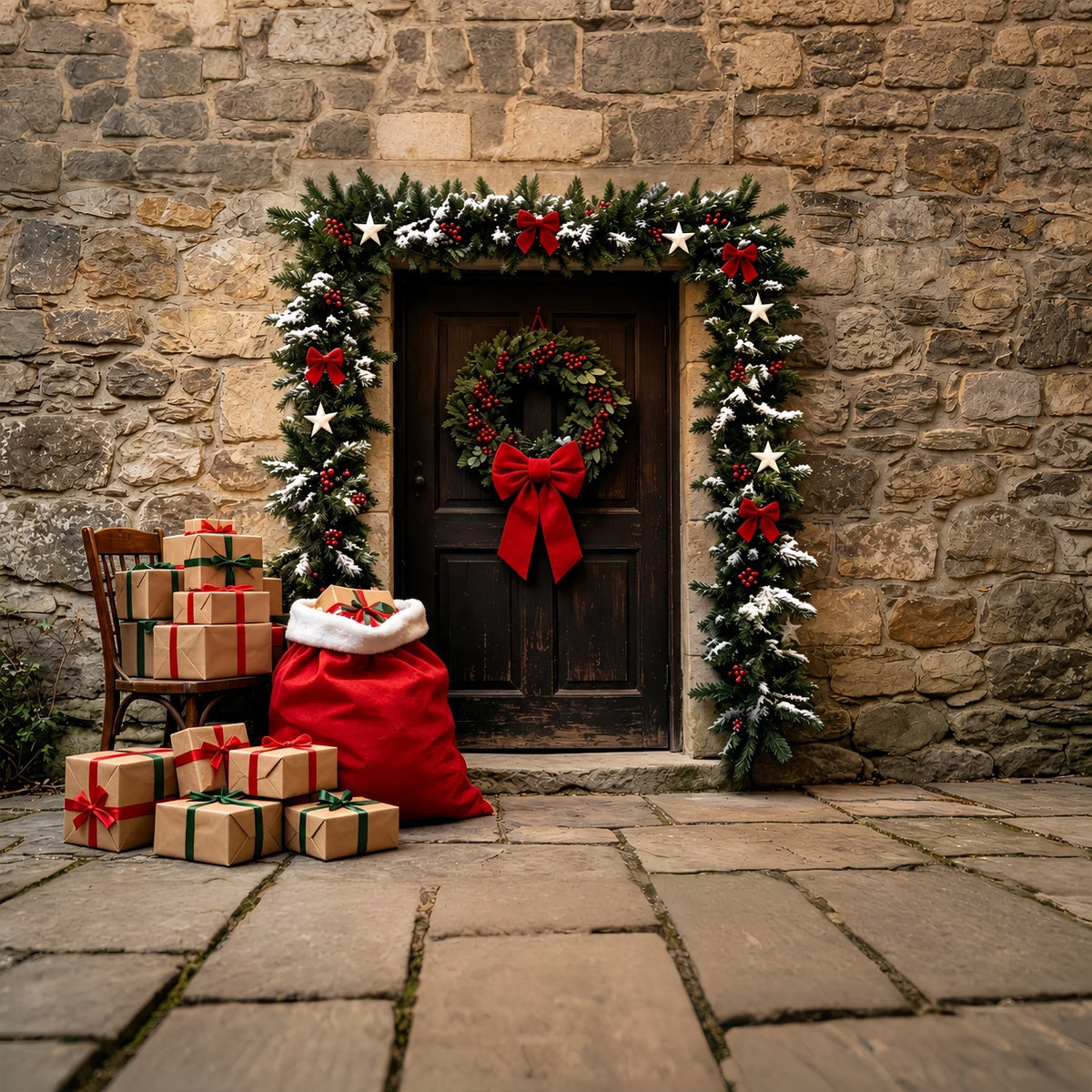 Ländliche Weihnachtskulisse Steintürgirlanden-Eingang Weihnachtshintergrund Aus Musselin ZTT69-45