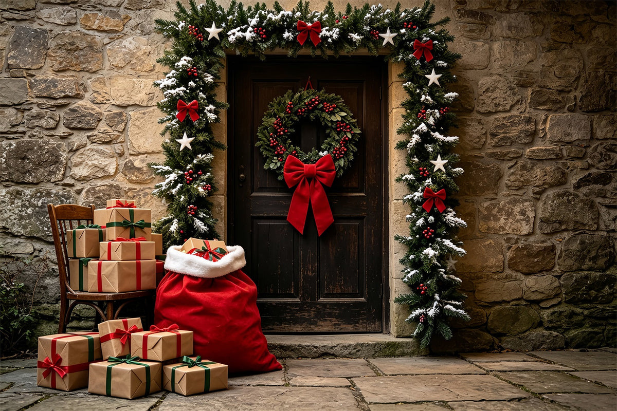 Ländliche Weihnachtskulisse Steintürgirlanden-Eingang Weihnachtshintergrund Aus Musselin ZTT69-45