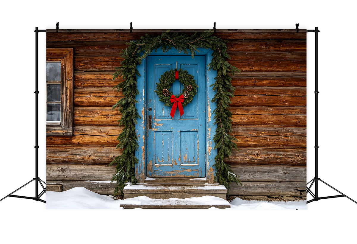 Weihnachtskulisse Aus Holz Rustikale Blaue Türhütte Musselin-Hintergrund Weihnachten ZTT69-46