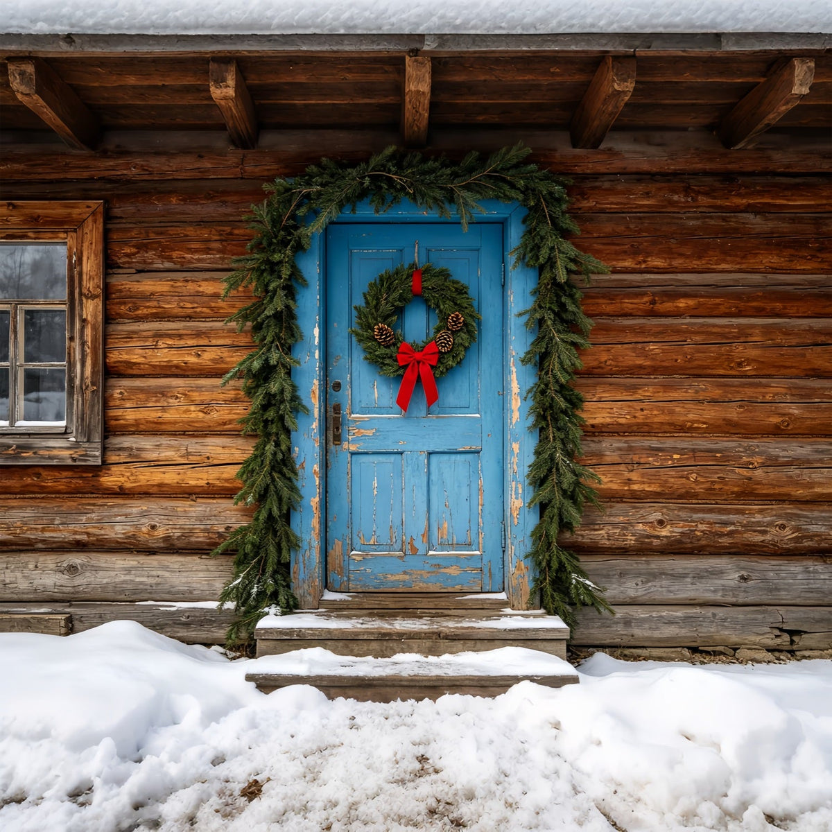 Weihnachtskulisse Aus Holz Rustikale Blaue Türhütte Musselin-Hintergrund Weihnachten ZTT69-46