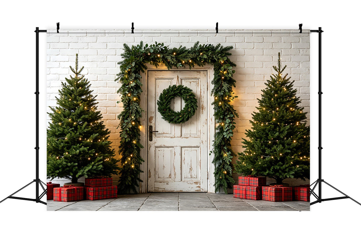 Weihnachtsgrün-Hintergrund Weißer Türgirlandeneingang Weihnachts-Fotohintergründe ZTT69-47