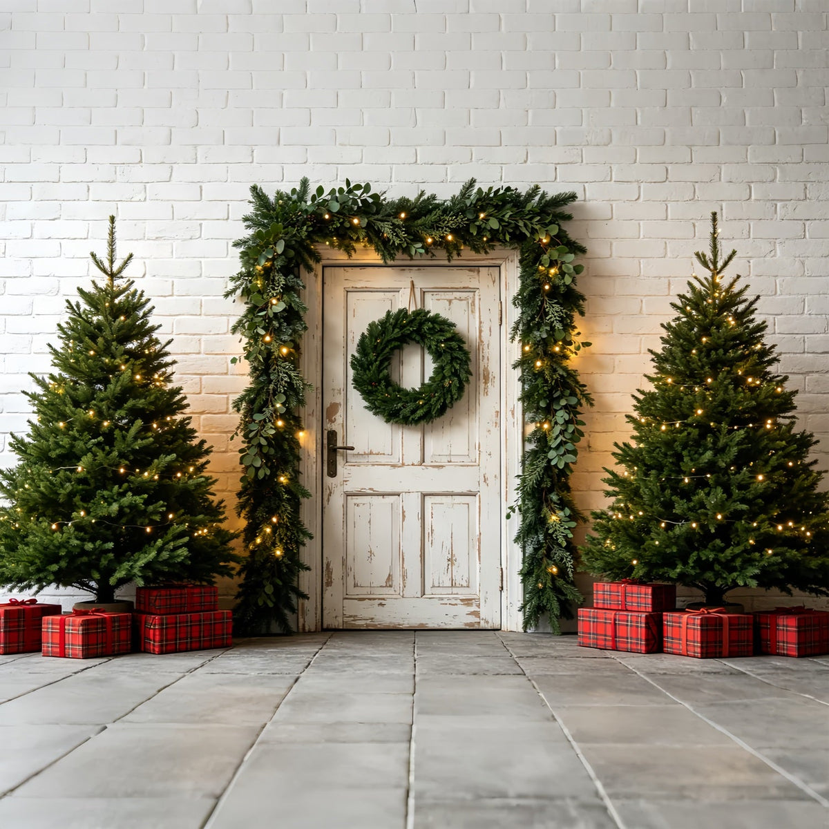Weihnachtsgrün-Hintergrund Weißer Türgirlandeneingang Weihnachts-Fotohintergründe ZTT69-47
