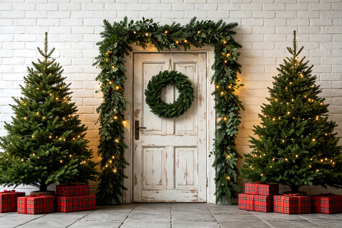 Weihnachtsgrün-Hintergrund Weißer Türgirlandeneingang Weihnachts-Fotohintergründe ZTT69-47