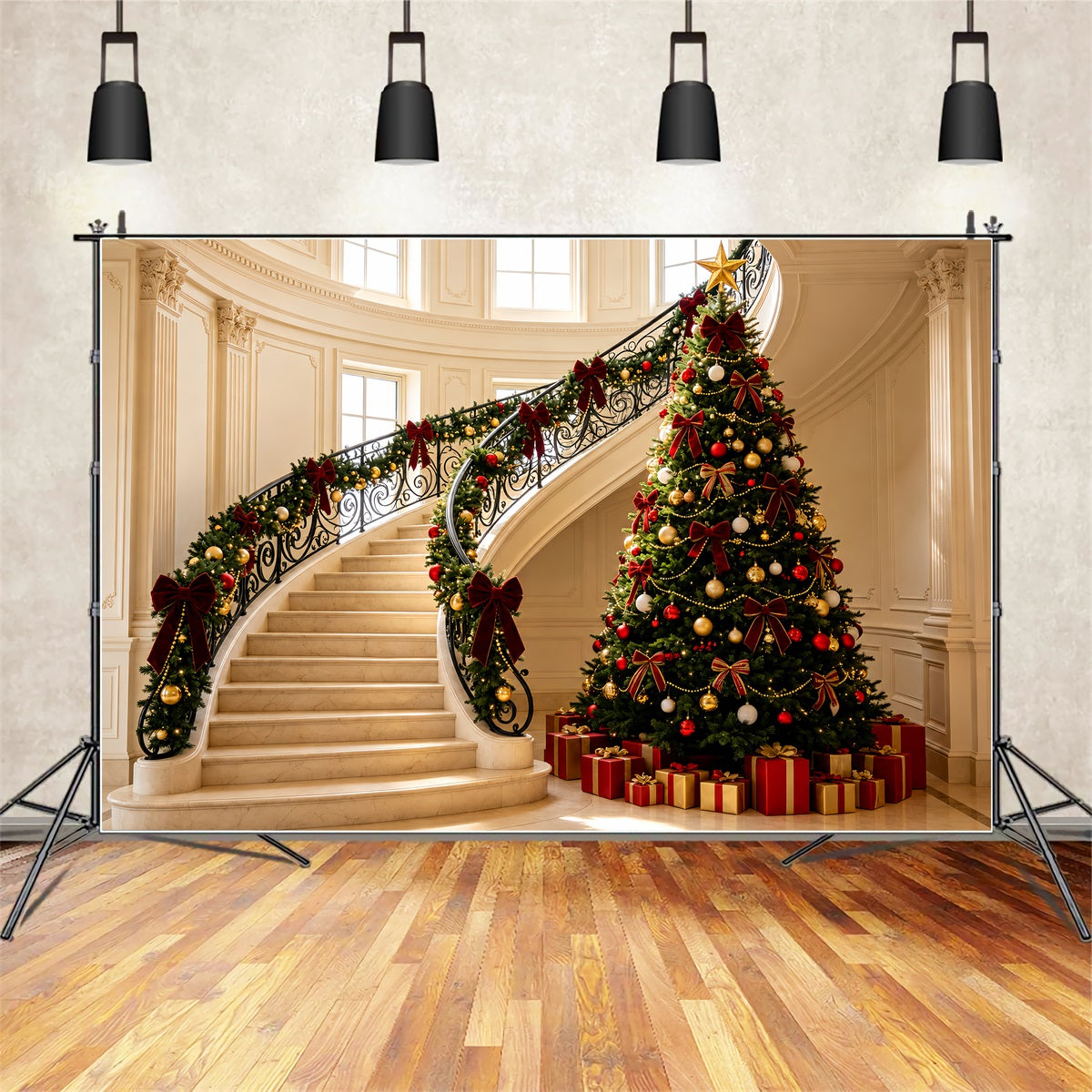 Viktorianische Weihnachtskulissen Elegante Treppengirlanden-Dekoration Weihnachtshintergründe Für Den Innenbereich ZTT69-5