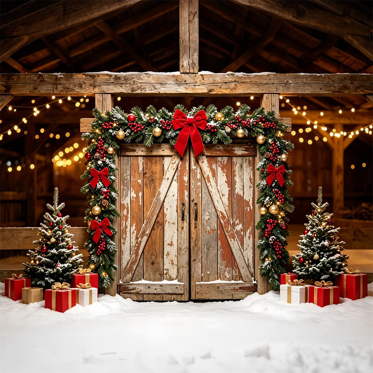 Weihnachts-Scheunentor-Hintergrund Rustikaler Scheunengirlanden-Türbereich Weihnachtskulissen ZTT69-50