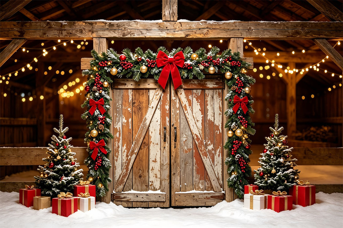 Weihnachts-Scheunentor-Hintergrund Rustikaler Scheunengirlanden-Türbereich Weihnachtskulissen ZTT69-50