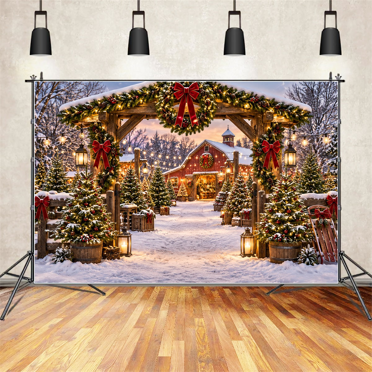 Weihnachtsbaumfarm Hintergrund Rustikale Scheune Girlanden Eingang ZTT69-51