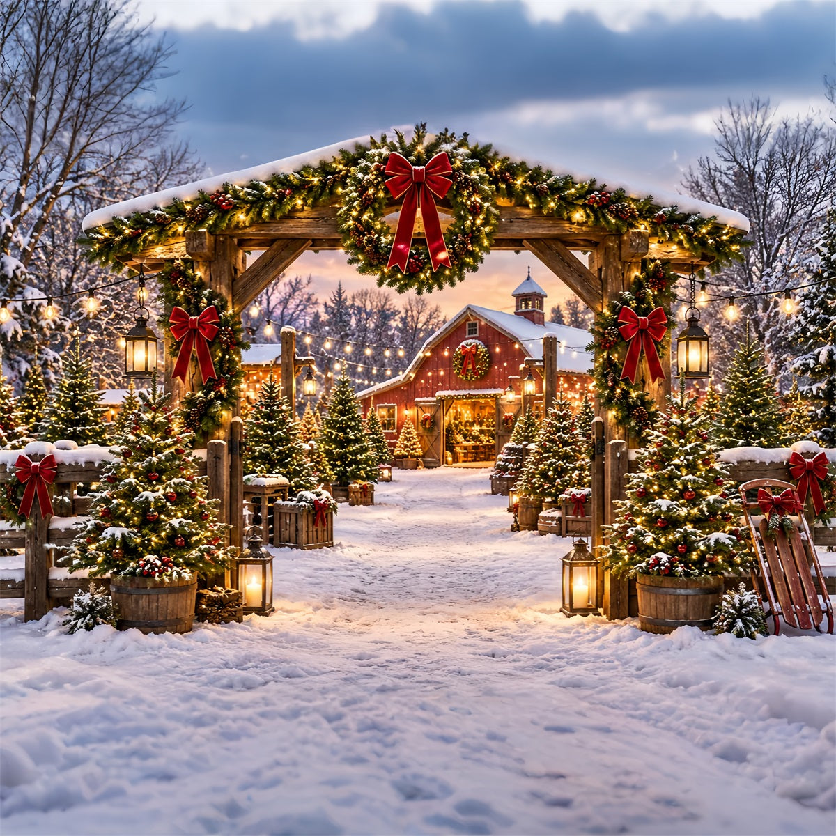 Weihnachtsbaumfarm Hintergrund Rustikale Scheune Girlanden Eingang ZTT69-51