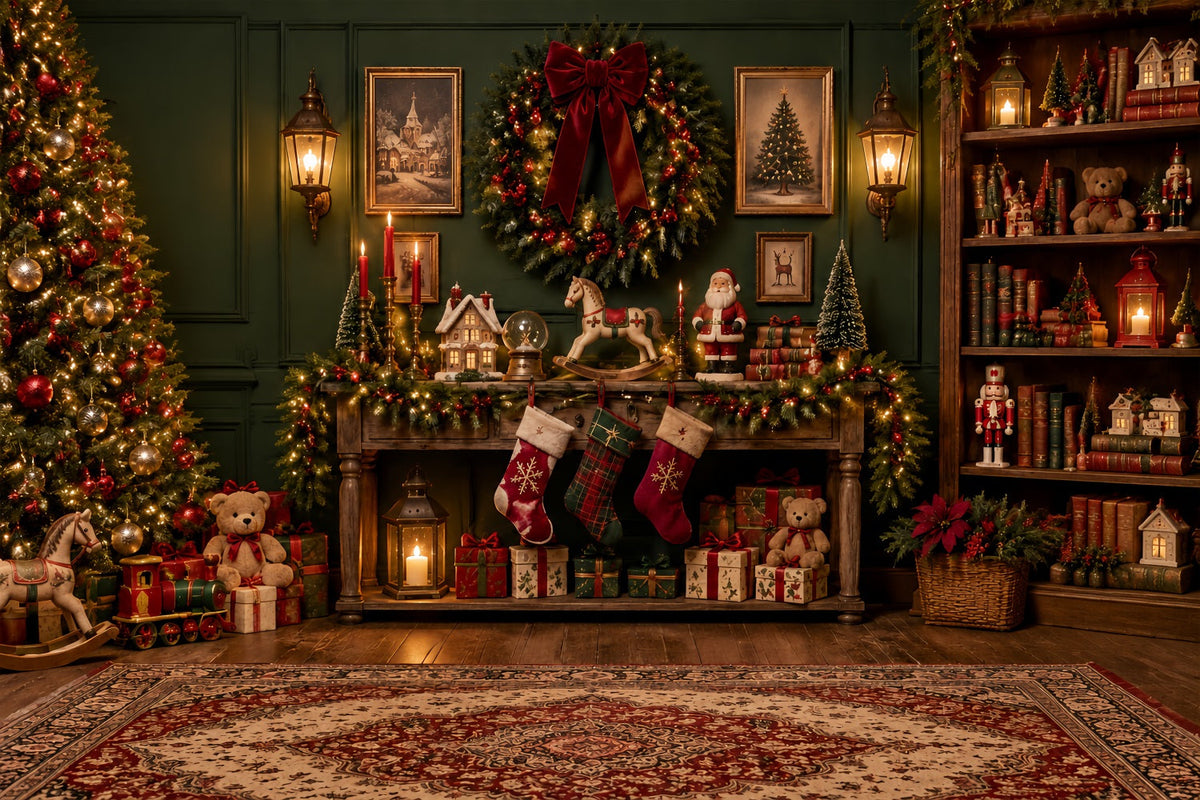 Santa Werkstatt Hintergrund Vintage Spielzeug Kranz Salon ZTT69-53