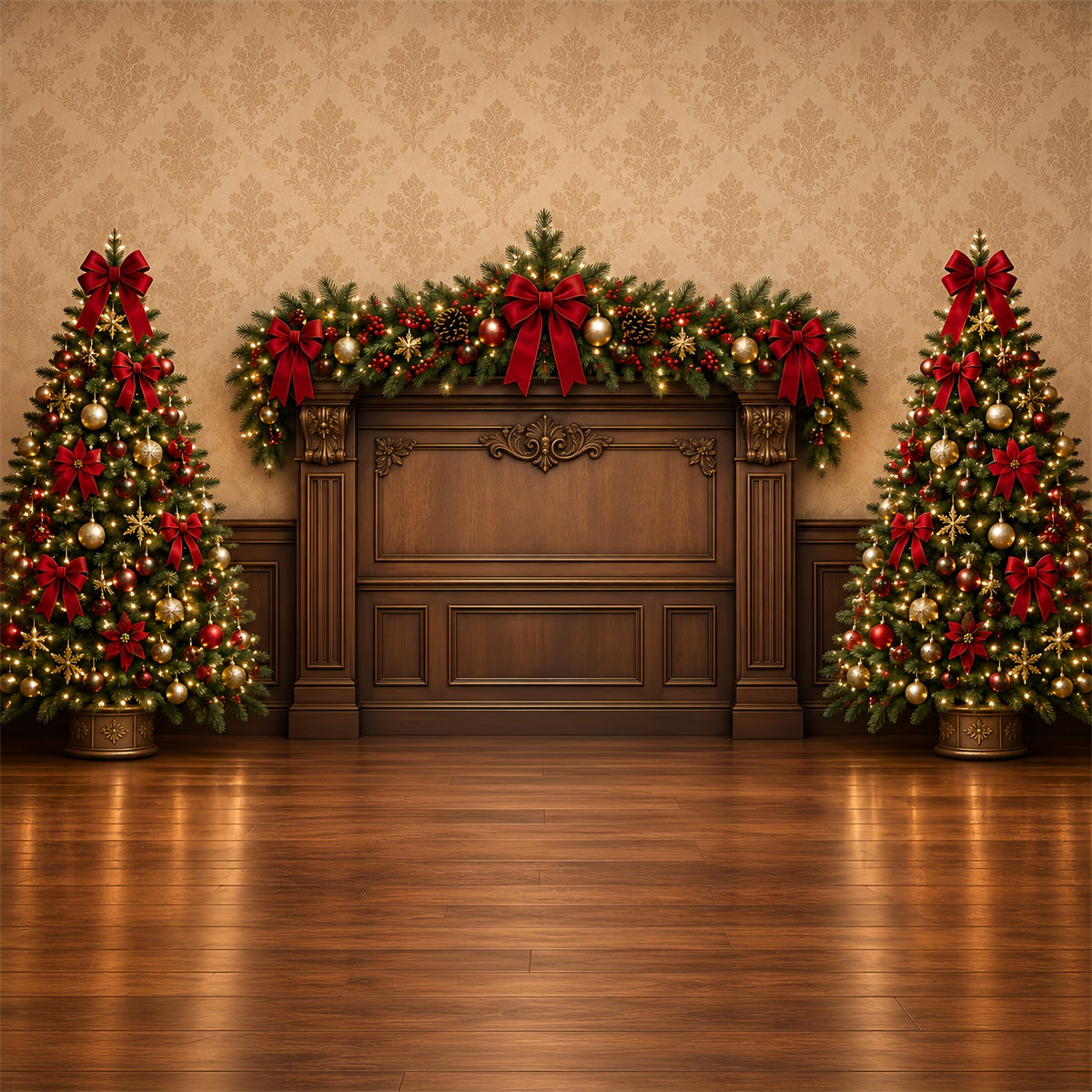 Weihnachtlicher Fotohintergrund Rote Schleife Immergrüner Kaminsims Hochauflösend ZTT69-55