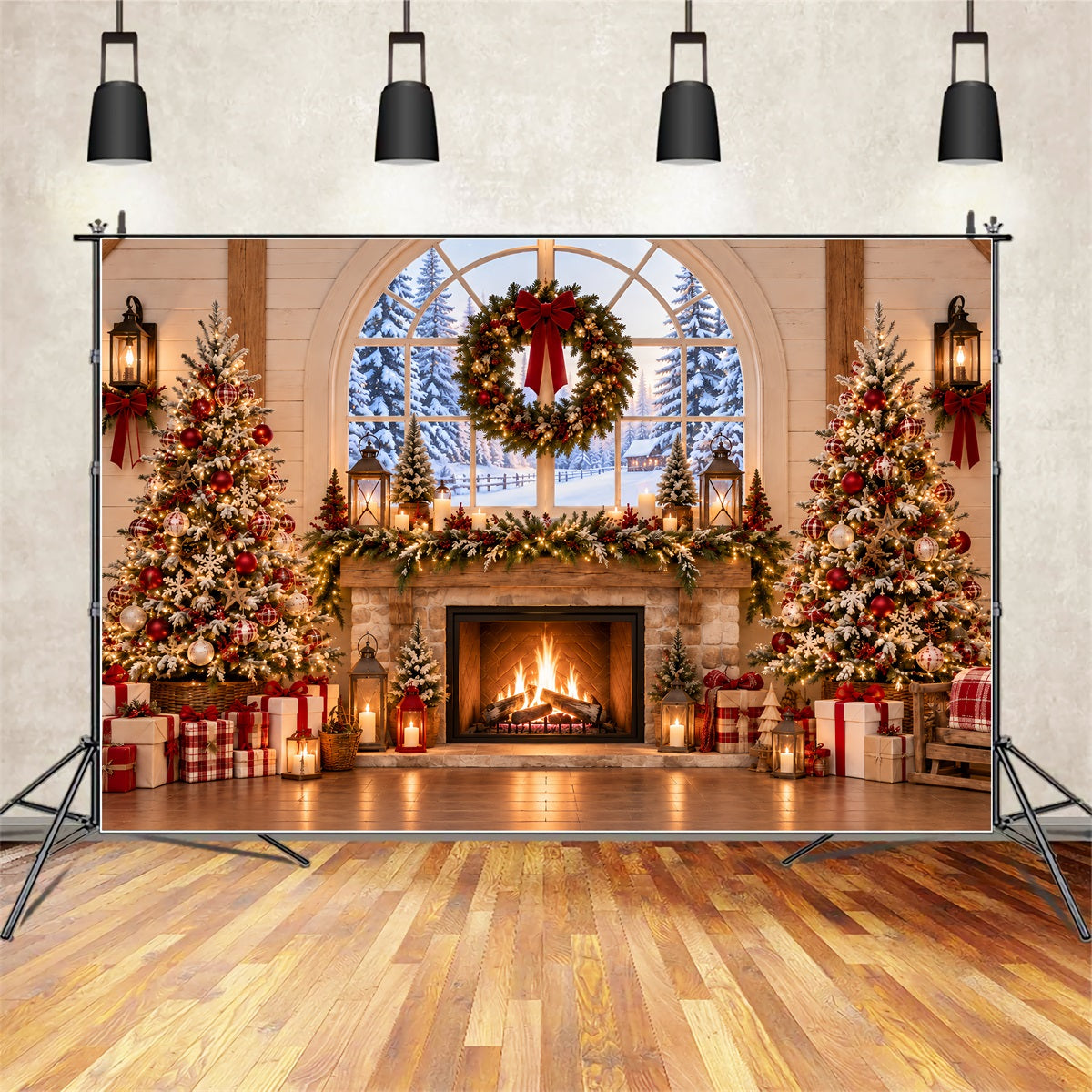 Weihnachtlicher Hintergrund Rustikaler Kamin Kranz Innenraum ZTT69-60