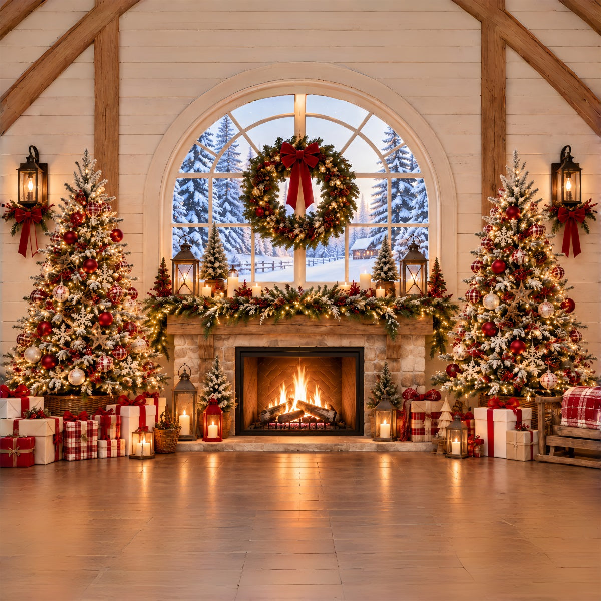 Weihnachtlicher Hintergrund Rustikaler Kamin Kranz Innenraum ZTT69-60