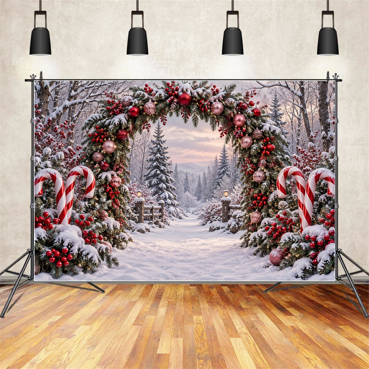 Weihnachtlicher Hintergrund Verschneiter Wald Zuckerstangenbogen ZTT69-63