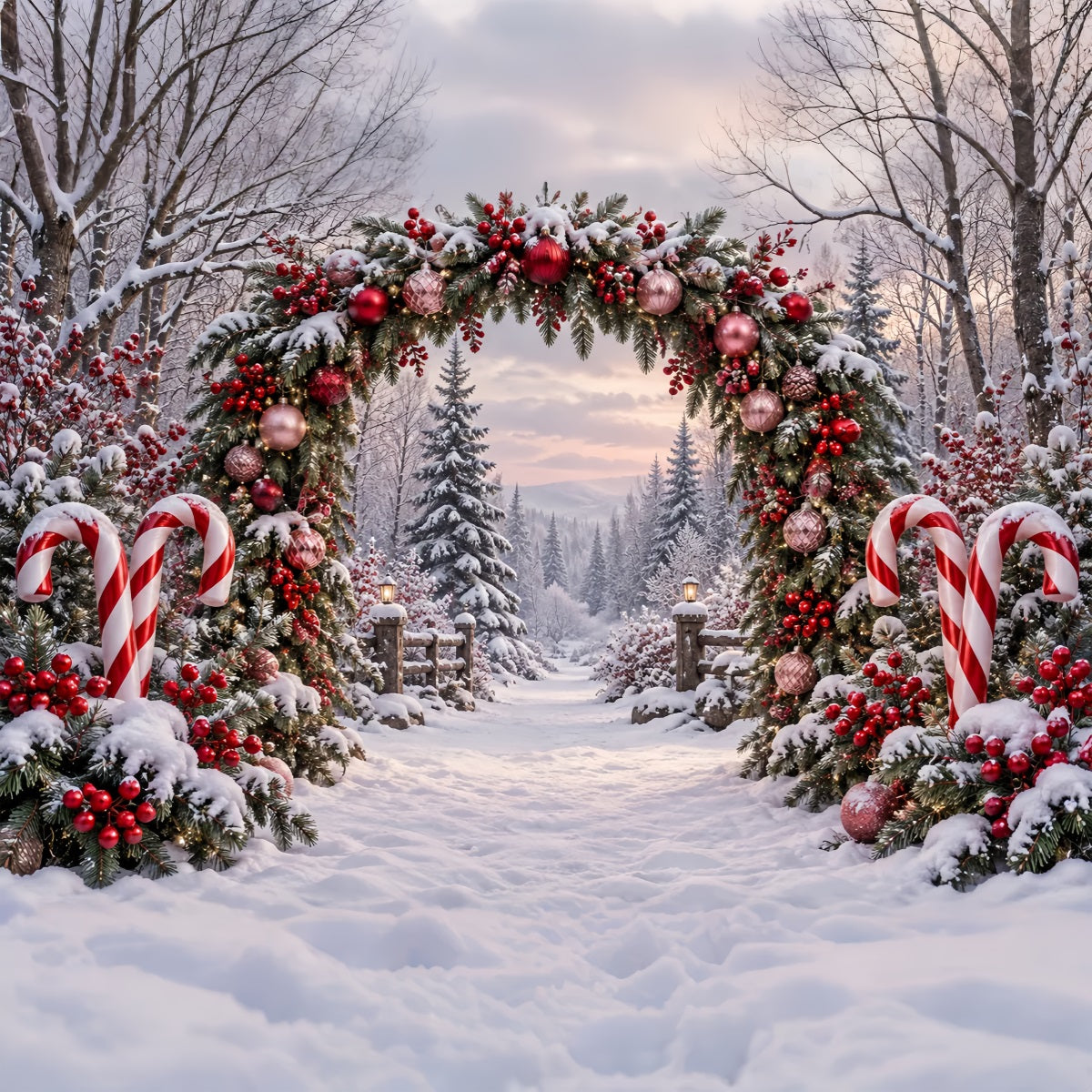 Weihnachtlicher Hintergrund Verschneiter Wald Zuckerstangenbogen ZTT69-63