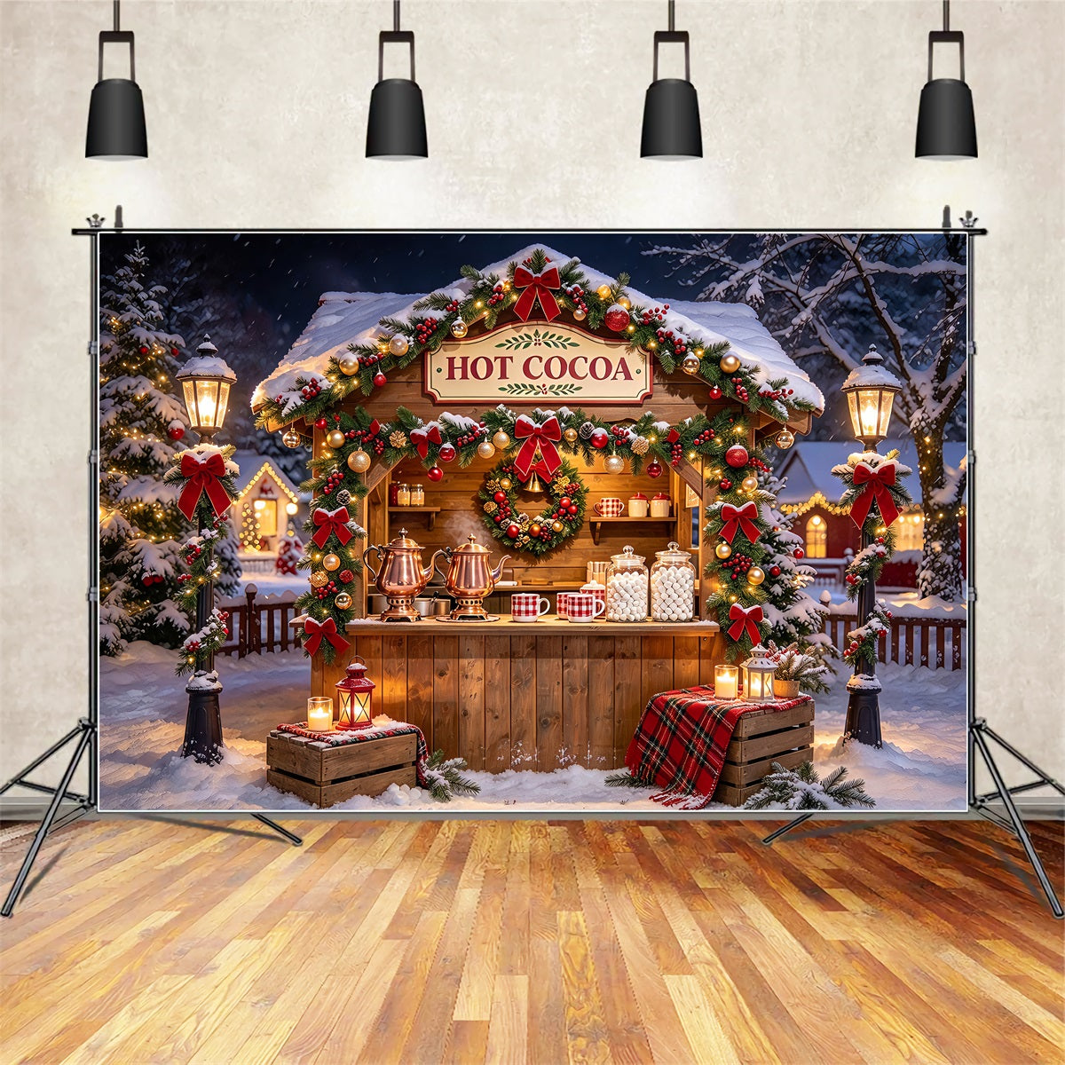Weihnachtlicher Fotohintergrund Verschneiter Heiße Schokolade Stand ZTT69-66