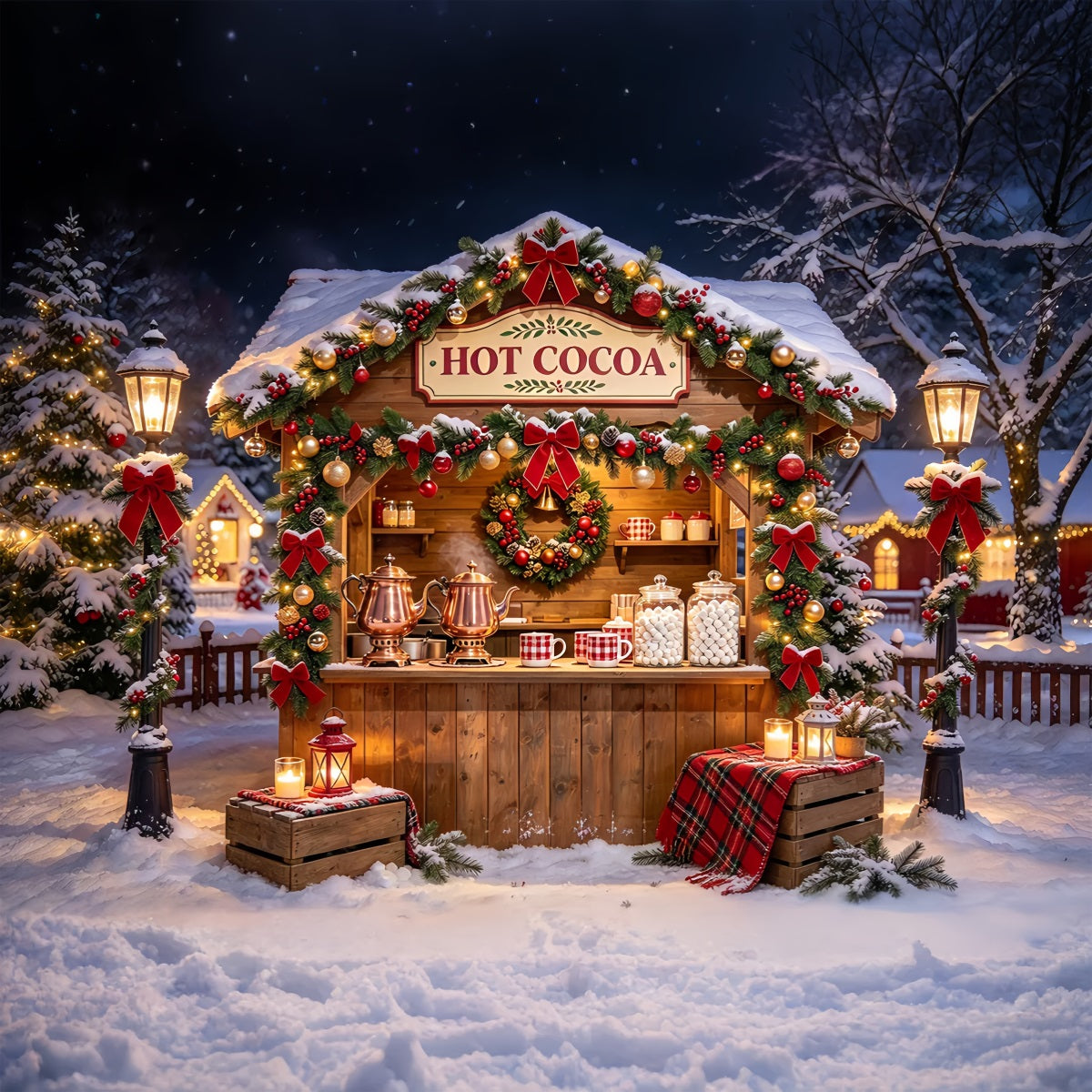 Weihnachtlicher Fotohintergrund Verschneiter Heiße Schokolade Stand ZTT69-66