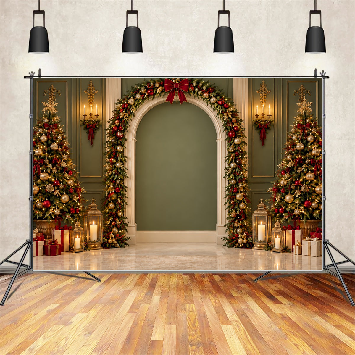 Weihnachtlicher Fotohintergrund Grün Gold Girlandenbogen Santa ZTT69-67