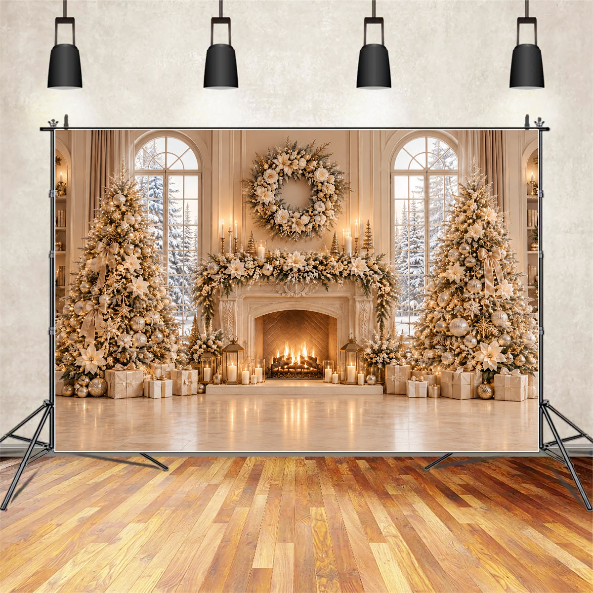 Weihnachtlicher Fotohintergrund Elfenbein Blumen Kamin Eleganz ZTT69-68