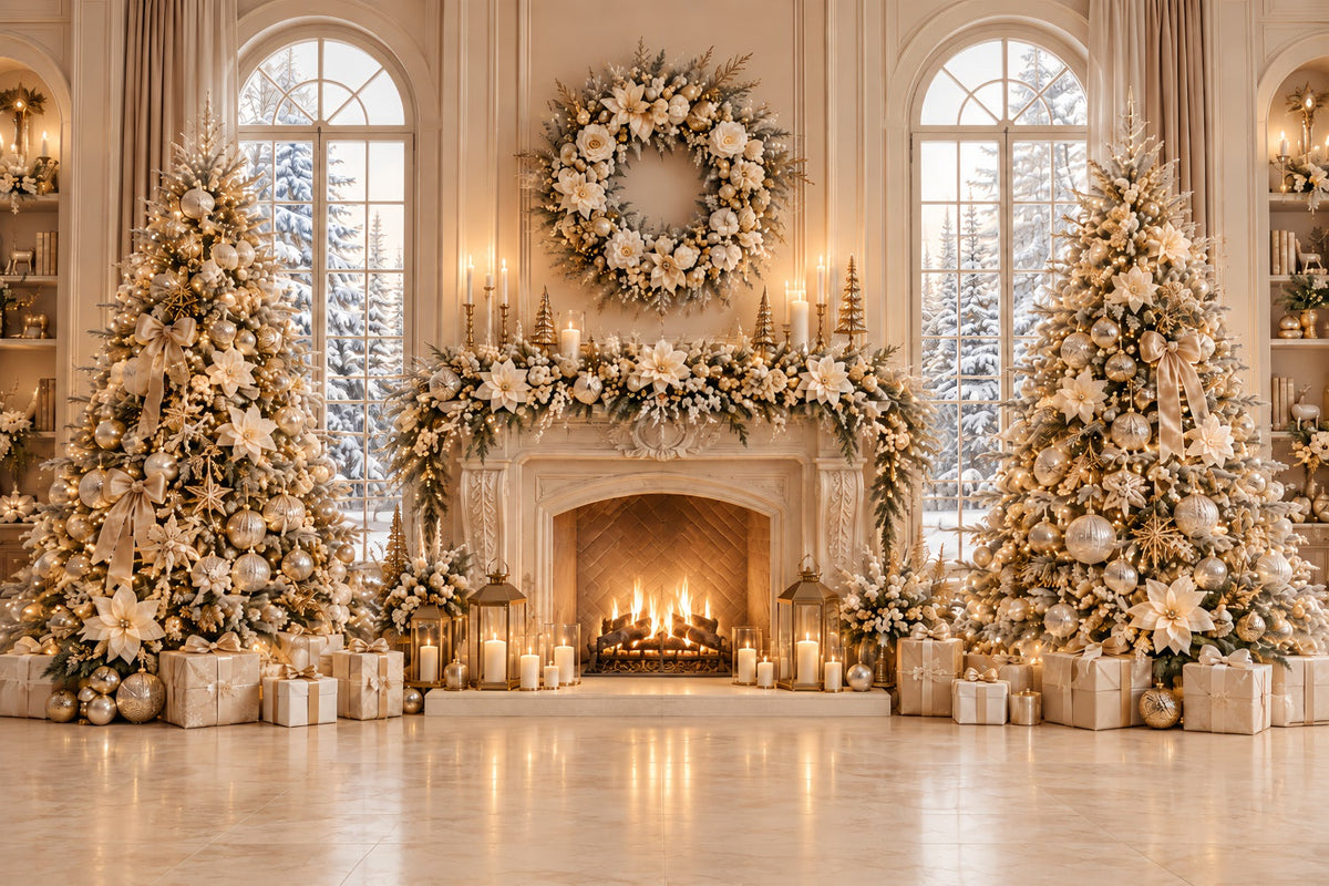 Weihnachtlicher Fotohintergrund Elfenbein Blumen Kamin Eleganz ZTT69-68