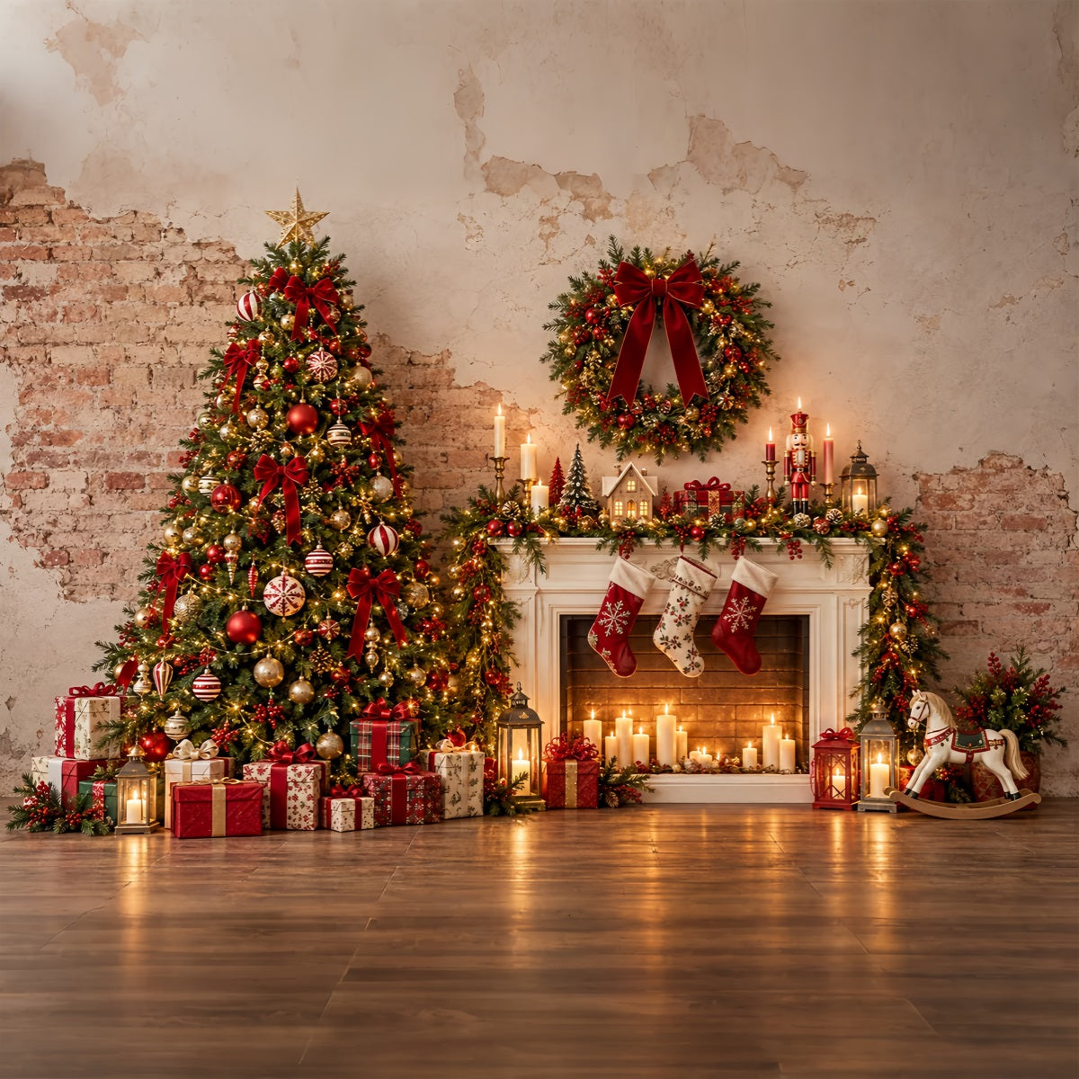 Weihnachtlicher Fotobox Hintergrund Rustikaler Kamin Geschenkauslage ZTT69-69