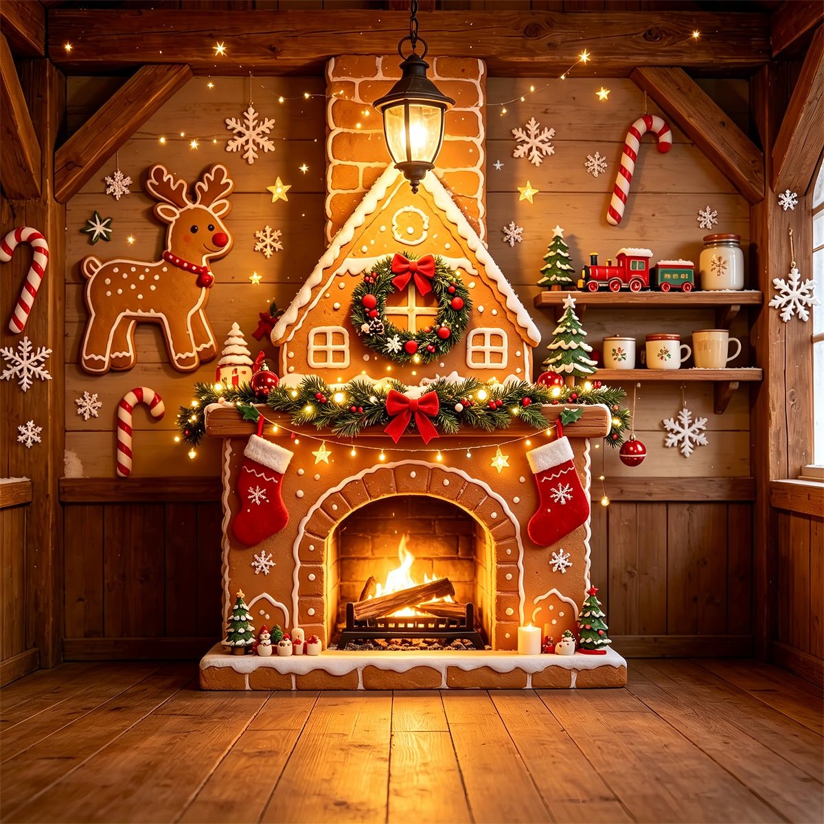 Lebkuchen-Weihnachtskulisse Holzhütte Mit Kamin Weihnachtswand-Hintergrund ZTT69-7