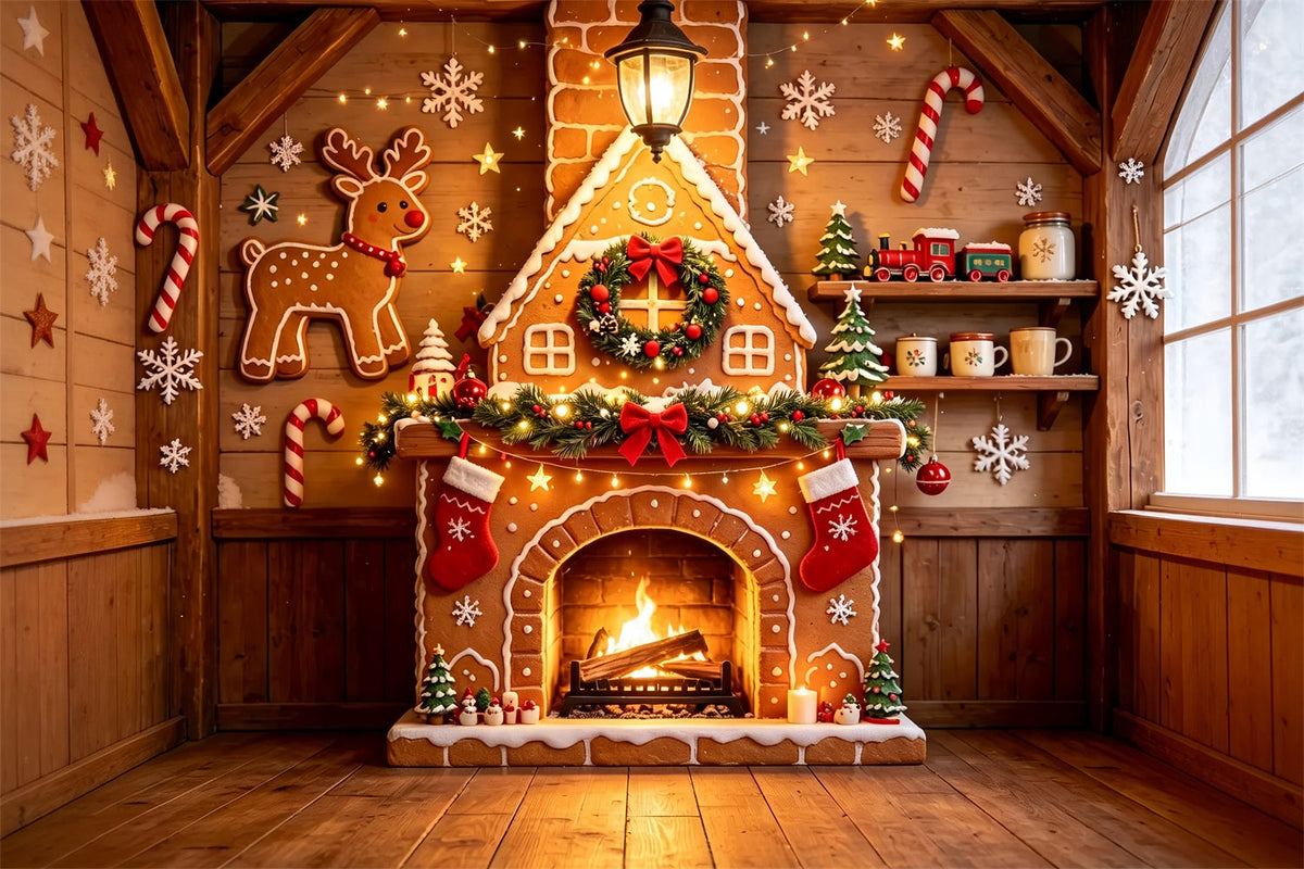 Lebkuchen-Weihnachtskulisse Holzhütte Mit Kamin Weihnachtswand-Hintergrund ZTT69-7