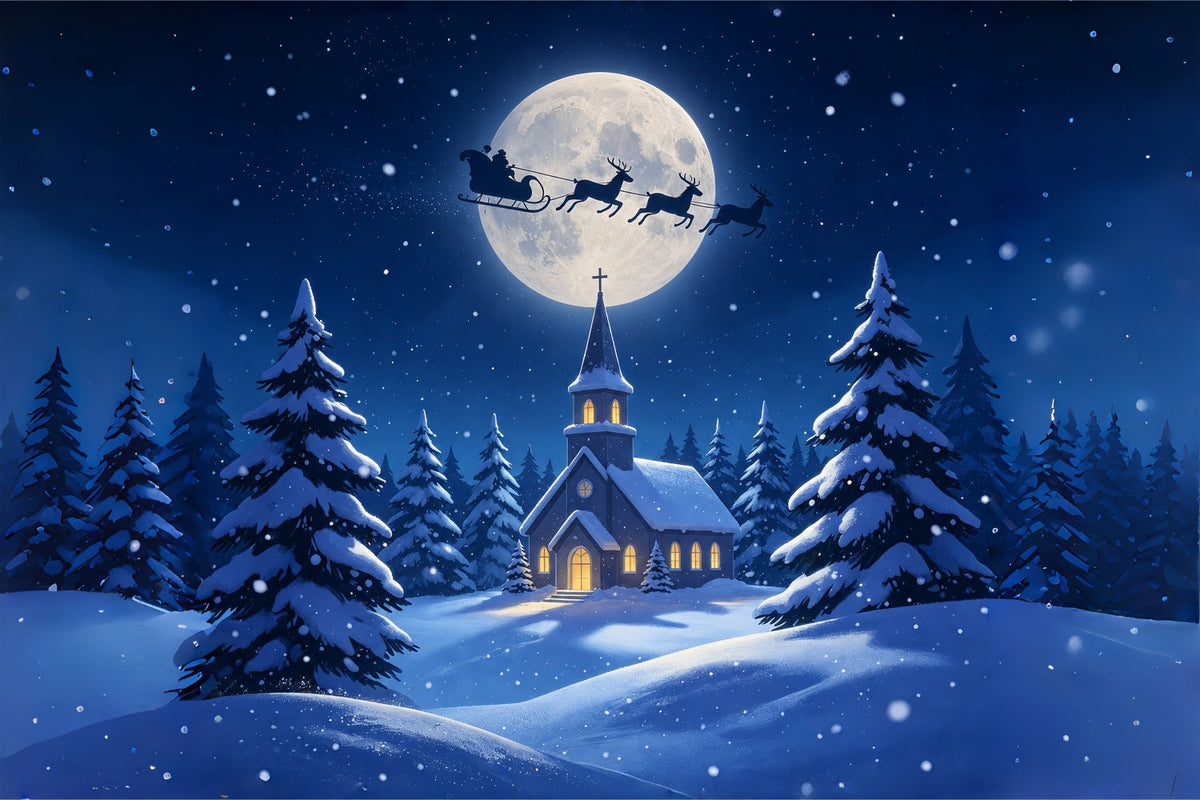 Weihnachtsnacht-Hintergrund Mondbeschienene Kirche Schneewald Weihnachtshintergrund Aus Musselin ZTT69-8