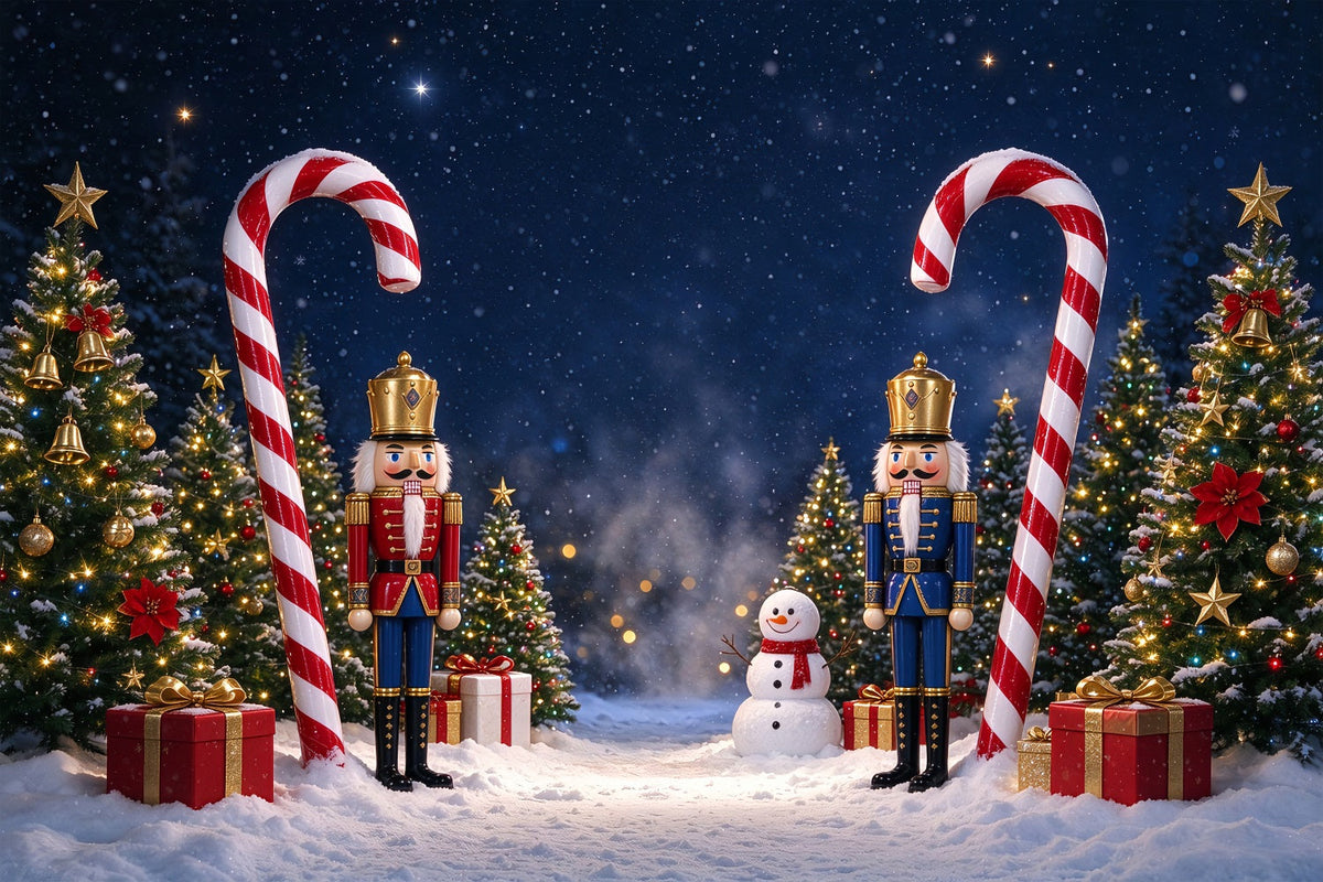 Weihnachtlicher Fotohintergrund Schnee Nussknacker Zuckerstange Frohe Weihnachten ZTT69-80