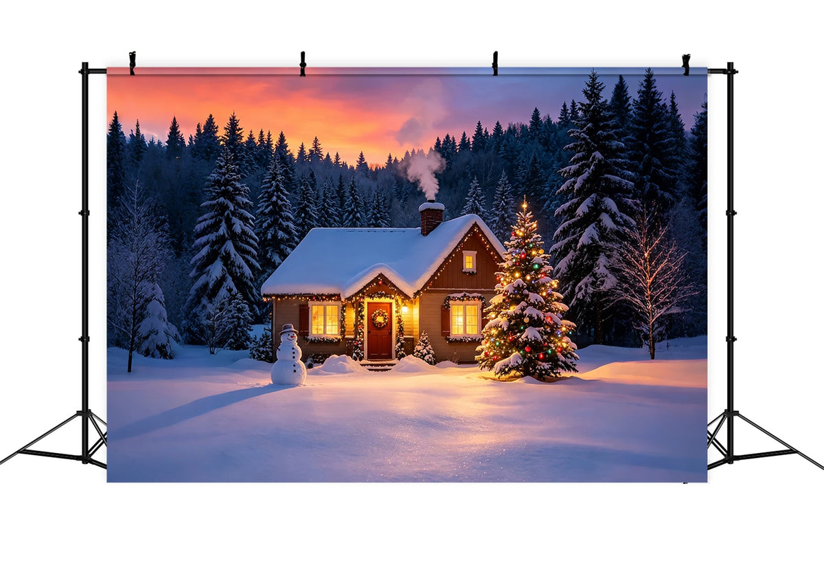 Verschneite Weihnachtskulisse Sonnenuntergangsglühen In Der Winterhütte Musselin-Hintergrund Weihnachten ZTT69-9