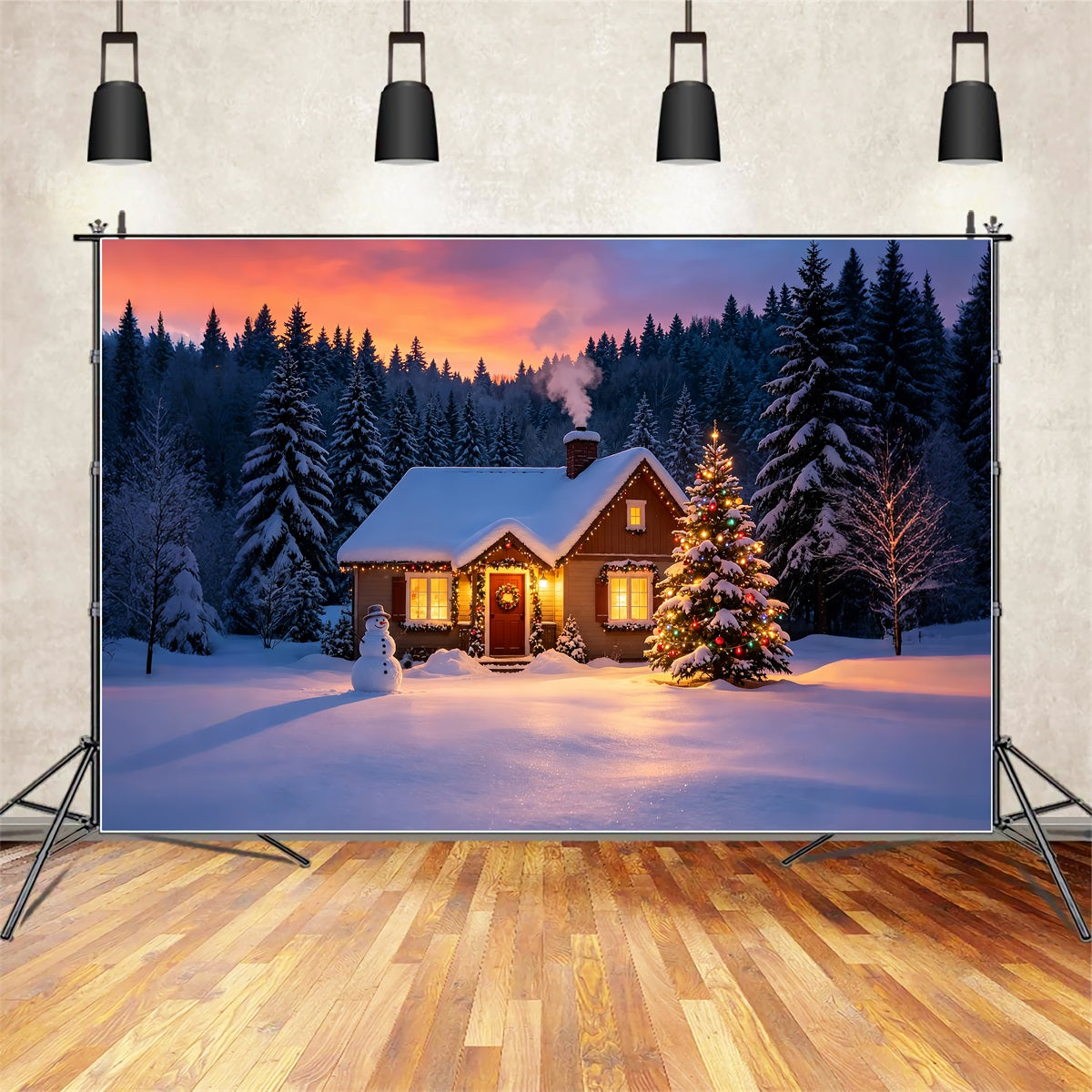 Verschneite Weihnachtskulisse Sonnenuntergangsglühen In Der Winterhütte Musselin-Hintergrund Weihnachten ZTT69-9