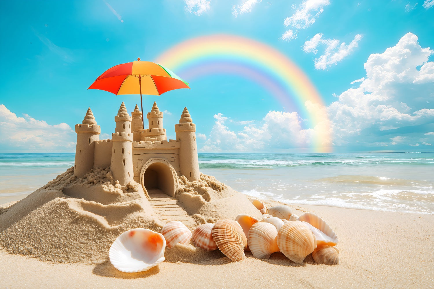 Sommer Fotokulissen Regenbogen Sandburg Muschel Strand Kulisse ZXY3-13