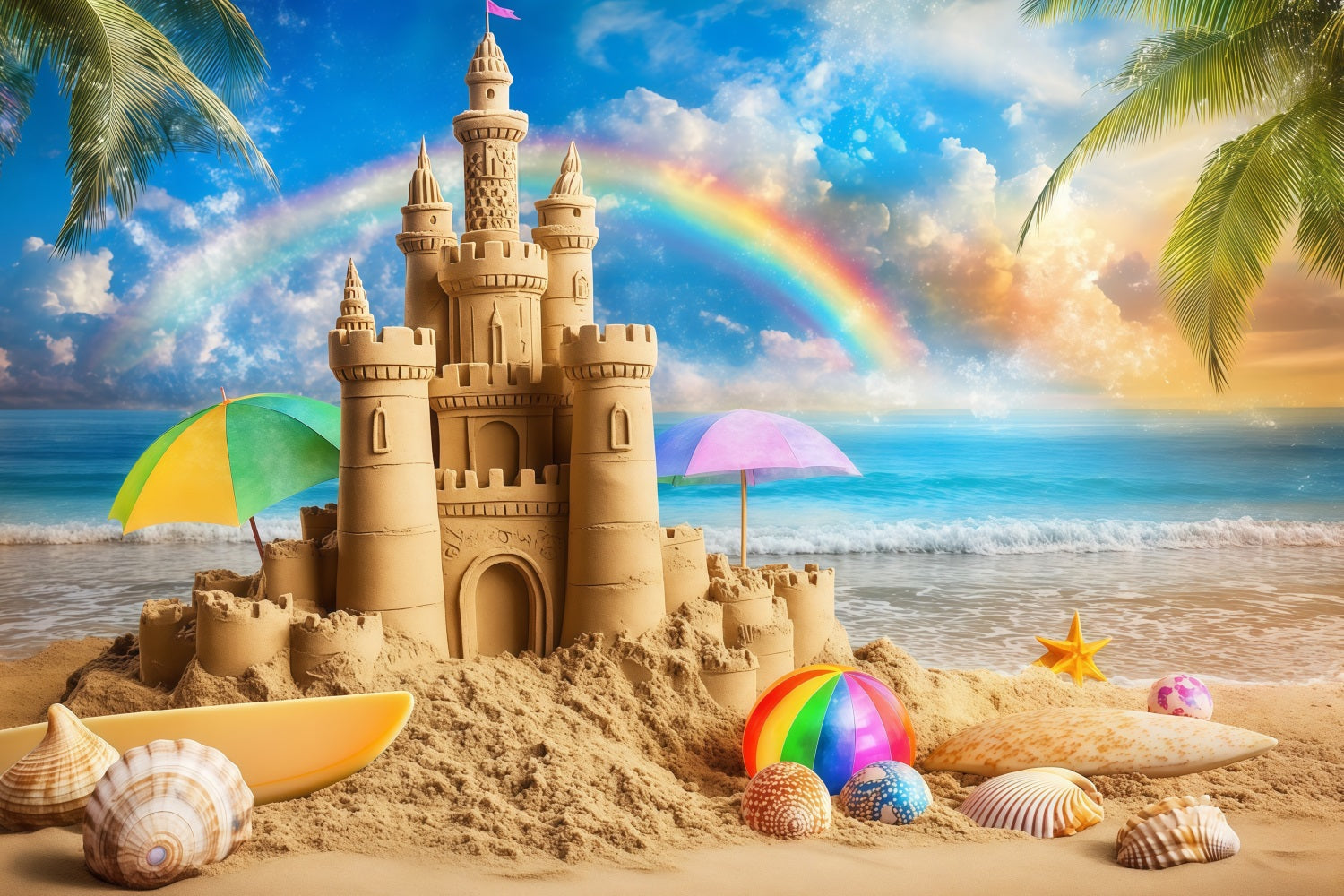 Tropischer Strand Backdrop Tropisches Schloss Regenbogen Sommer Backdrop ZXY3-14