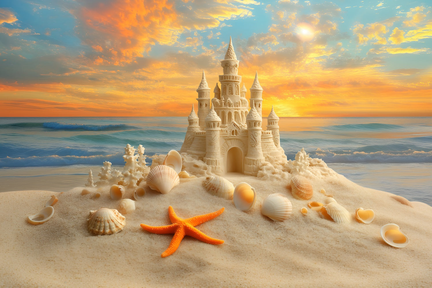 Strand Sand Kulisse Sonnenuntergang Sandburg Seestern Sommer Kulisse ZXY3-15