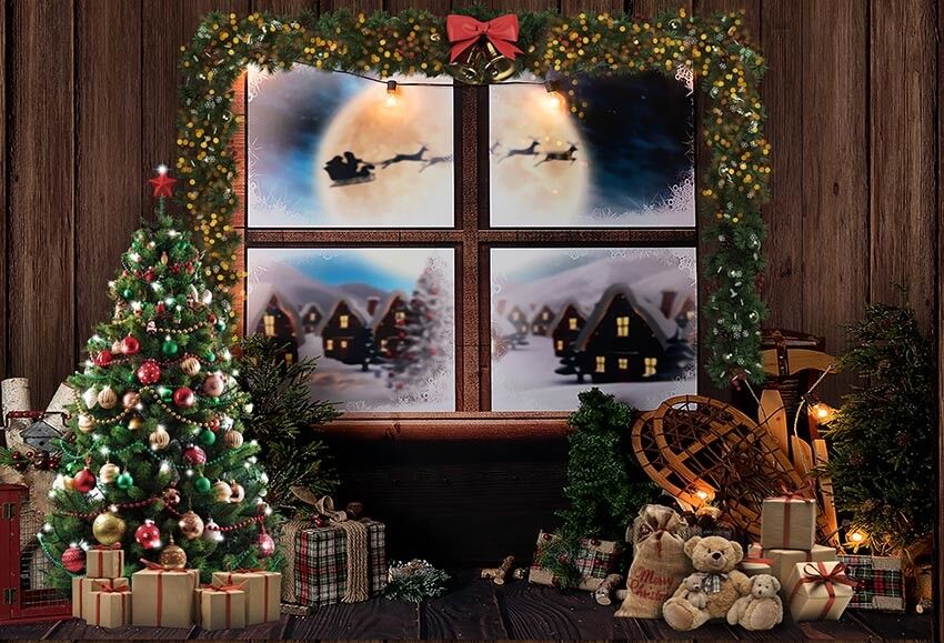 Weihnachtsbaum-Hintergrund verziert mit Geschenken Holzhaus G-1439