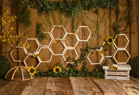 Sonnenblumen Biene Holz Wand Fotografie Hintergrund D1064