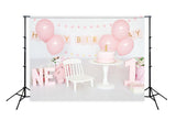 1st Birthday Girl Balloons Cake Pink Photo Backdrop D282