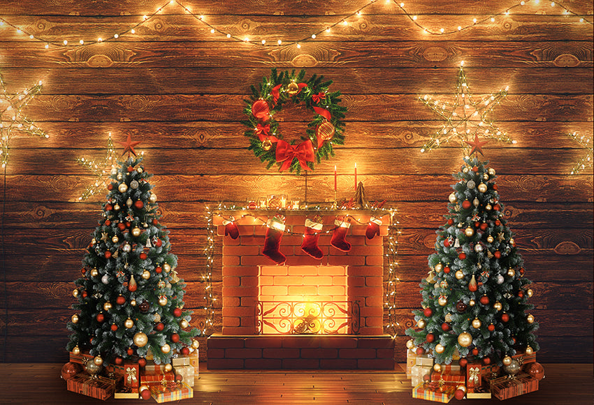 Warm Christmas Tree Fireplace Backdrop for Photography