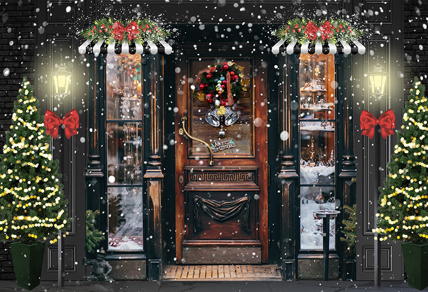 Snowy Winter Christmas Shop Door Backdrop