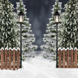 Snowy-Christmas-Tree-Lights-Geländer-Hintergrund